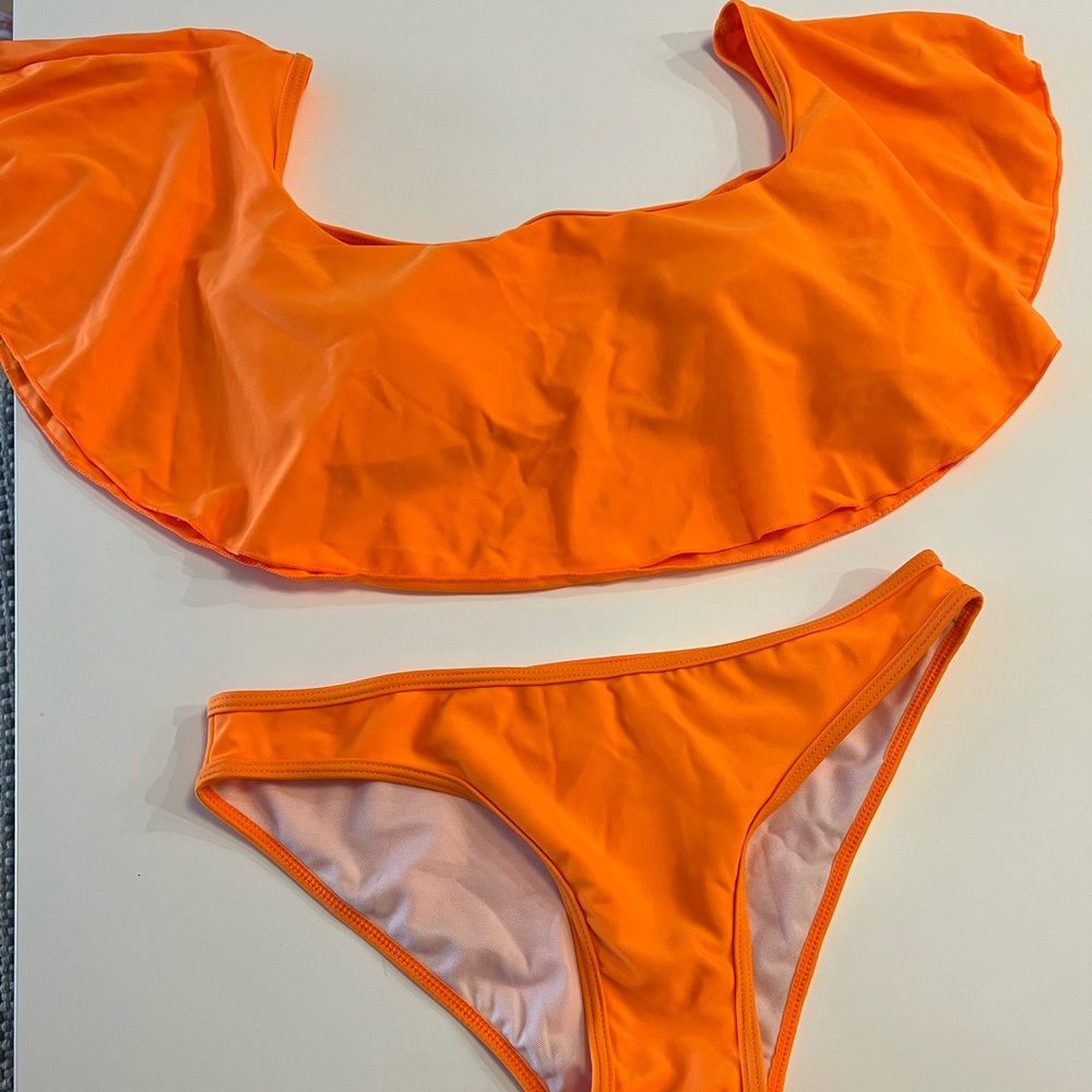 Orange two piece neon bathing suit